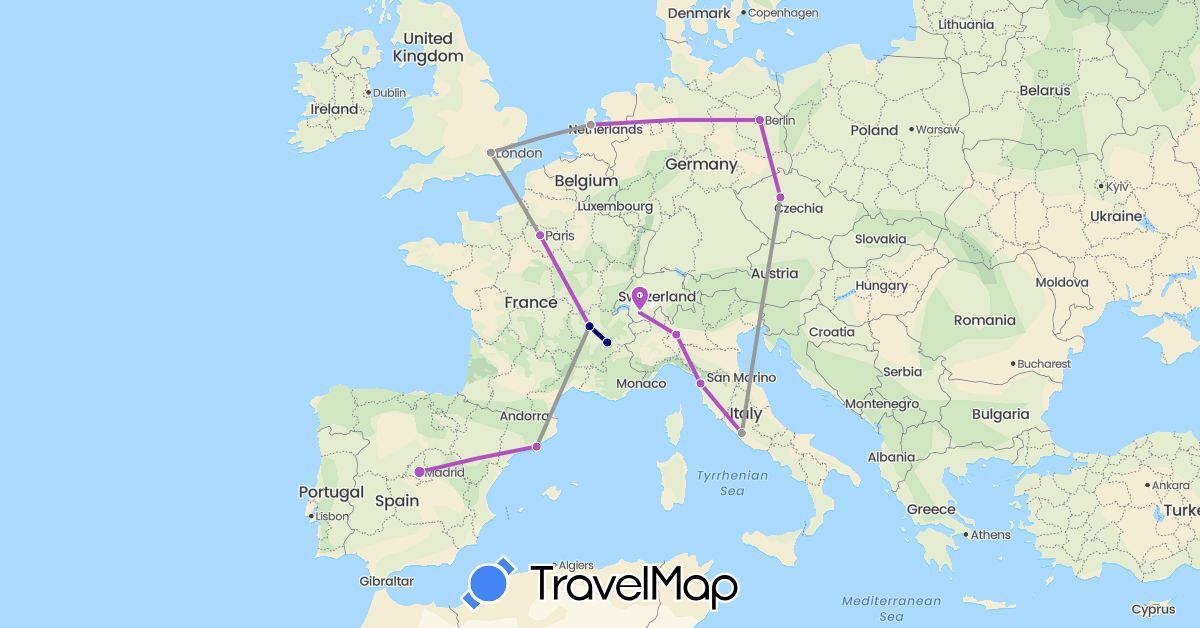 TravelMap itinerary: driving, plane, train in Switzerland, Czech Republic, Germany, Spain, France, United Kingdom, Italy, Netherlands (Europe)